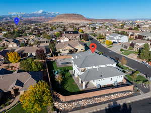 Aerial view of residential area with mountains