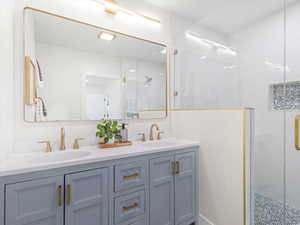 Full bathroom featuring double vanity and a stall shower