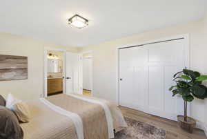 Bedroom with a closet, light wood-type flooring, and connected bathroom