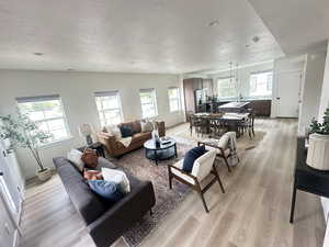 Living room featuring a textured ceiling and light wood-type flooring