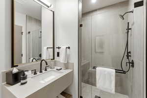 Full bath with vanity and a shower stall