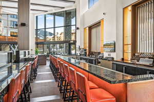 Indoor wet bar with a towering ceiling and dark stone countertops
