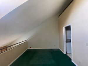 Bonus room with vaulted ceiling, dark carpet, and estacked washer and dryer