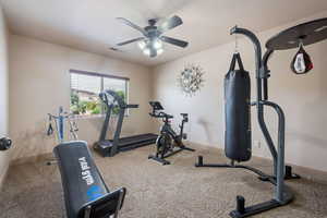 Exercise room with baseboards and ceiling fan