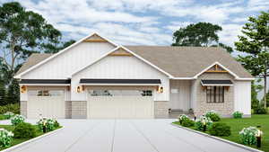 Modern inspired farmhouse with stone siding, roof with shingles, driveway, a garage, and board and batten siding