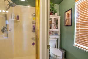 Bathroom featuring a stall shower and toilet