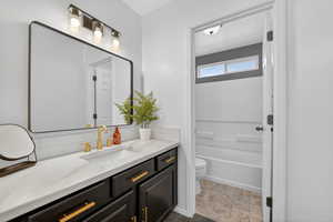 Bathroom featuring vanity and backsplash