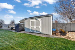 View of shed featuring a fenced backyard