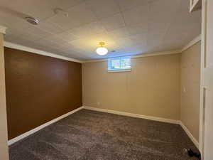 Basement with dark carpet and crown molding