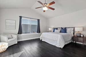 Bedroom featuring lofted ceiling, ceiling fan, and wood finished floors