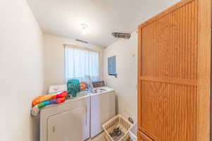 Laundry room with washing machine and clothes dryer and electric panel