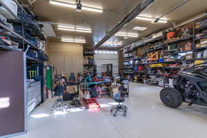 Garage featuring a workshop area