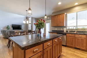 Kitchen featuring brown cabinetry, pendant lighting, light wood-style floors, open floor plan, and stainless steel dishwasher