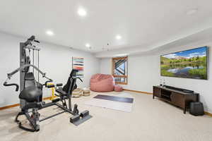 Workout room featuring carpet and recessed lighting