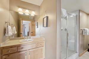 Bathroom featuring vanity and a stall shower
