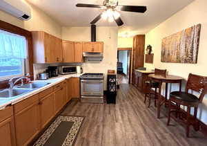 Kitchen with appliances with stainless steel finishes, a wall mounted air conditioner, dark wood-type flooring, under cabinet range hood, and a ceiling fan