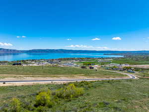 Aerial view of a water and mountain view