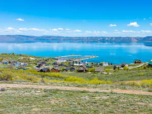 Aerial view of a water and mountain view