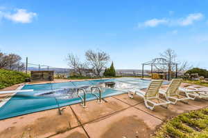 View of pool featuring a patio area and a diving board