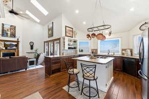 Kitchen featuring a fireplace, freestanding refrigerator, open floor plan, a skylight, and dishwasher