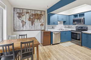Kitchen featuring appliances with stainless steel finishes, blue cabinetry, decorative backsplash, and light wood finished floors