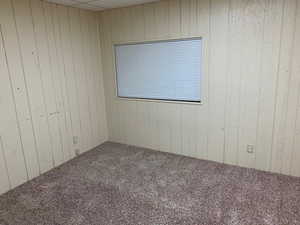 Unfurnished bedroom with wooden walls and carpet flooring