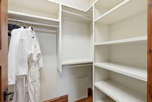 Walk in closet featuring dark wood finished floors