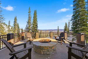 View of patio / terrace featuring a mountain view