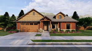 Craftsman-style home with driveway, stone siding, covered porch, a garage, and a shingled roof