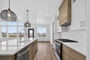 Kitchen with white cabinetry, stainless steel appliances, brown cabinets, light wood finished floors, and recessed lighting