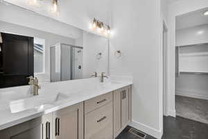 Bathroom with a walk in closet, a stall shower, and double vanity