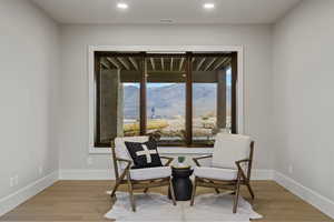 Living area with a mountain view and light wood-style flooring