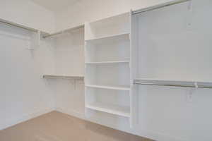 Walk in closet with light colored carpet