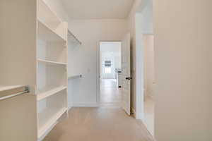 Spacious closet with light colored carpet