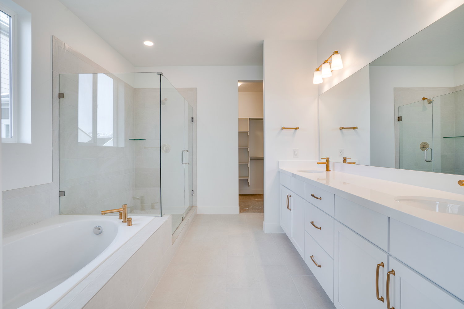 Full bath featuring a shower stall, double vanity, a bath, a walk in closet, and recessed lighting
