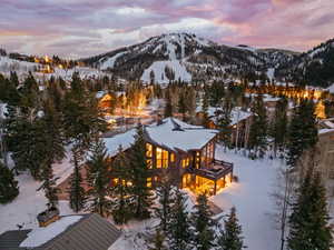 Snowy aerial view with a mountain view and view of wooded area