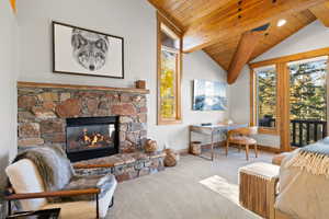 Living room with a fireplace, carpet flooring, and plenty of natural light