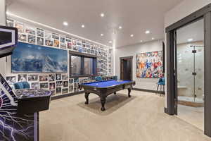 Playroom with billiards table, light colored carpet, and recessed lighting