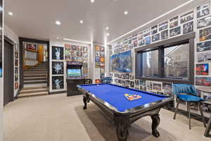 Game room with light colored carpet, pool table, and recessed lighting
