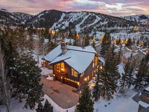 Snowy aerial view featuring a mountain view and view of scattered trees