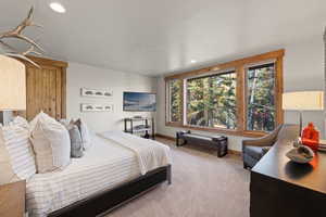 Bedroom featuring light colored carpet and recessed lighting