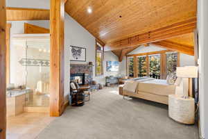 Bedroom with a wooden ceiling with exposed beams, light carpet, a fireplace, high vaulted ceiling, and recessed lighting
