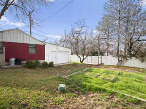 Fenced backyard featuring a vegetable garden and an outbuilding