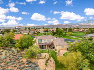 Aerial view of residential area with a mountain backdrop