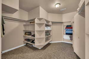 Walk in closet with dark colored carpet
