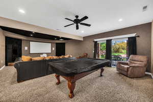 Rec room featuring carpet, billiards, ceiling fan, and recessed lighting