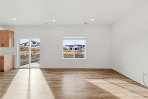 Unfurnished room with light wood-style floors, healthy amount of natural light, and recessed lighting