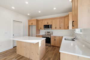 Kitchen with light brown cabinetry, stainless steel appliances, a kitchen island, wood finished floors, and recessed lighting