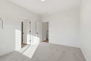Unfurnished bedroom featuring light carpet