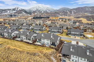 Aerial perspective of suburban area with a mountainous background